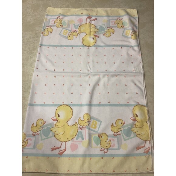 Vtg Riegel Mother Baby Duck Blocks Hearts Blanket White Blue Yellow Pink 27x34 - Picture 2 of 13